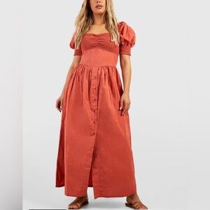 Boohoo Plus Poplin Milkmaid Maxi Dress Size 18 Burnt Orange Boho Feminine Cotton